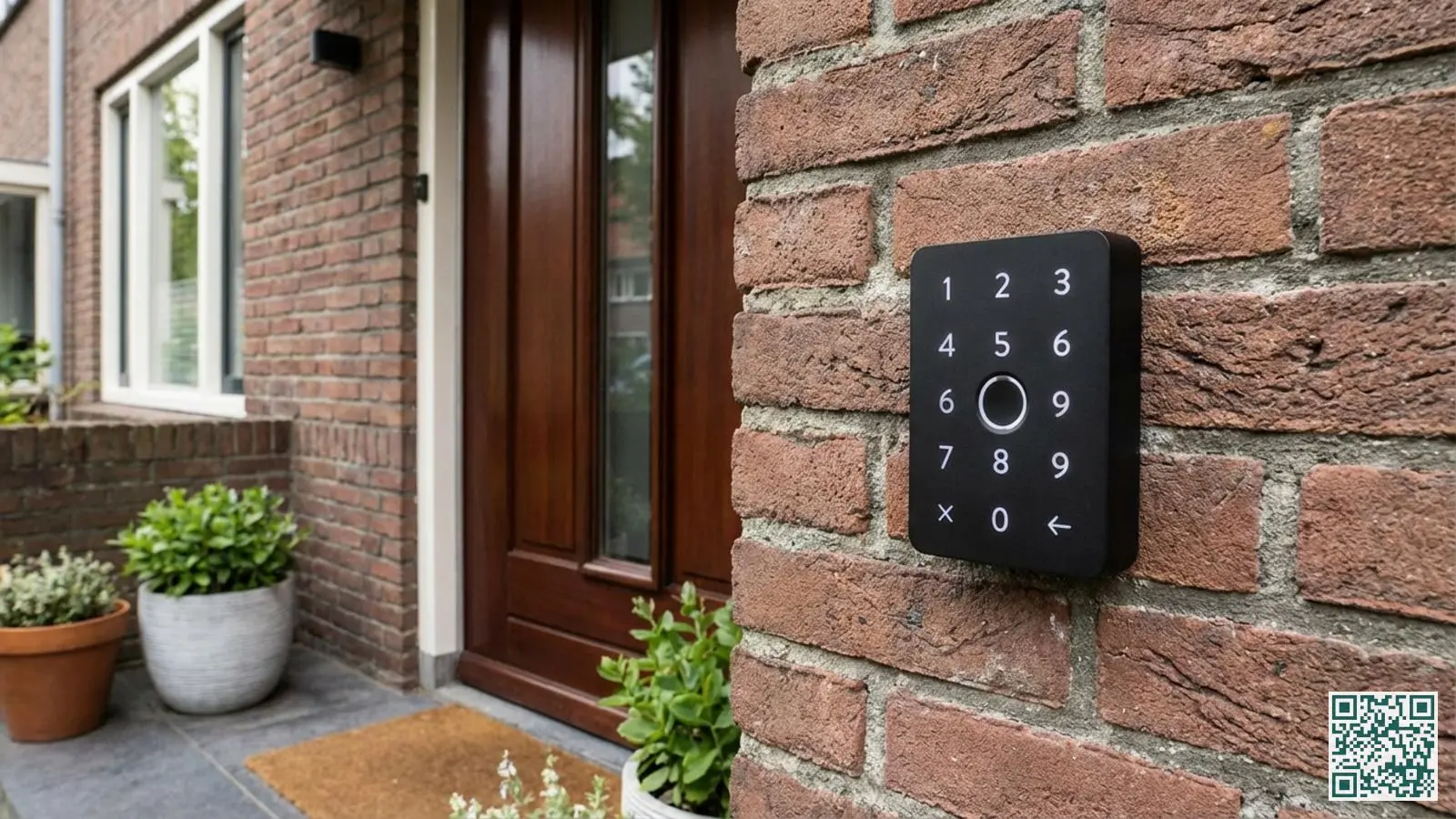 Zwart Nuki Keypad met verlichte cijfertoetsen en vingerafdrukscanner gemonteerd naast een voordeur