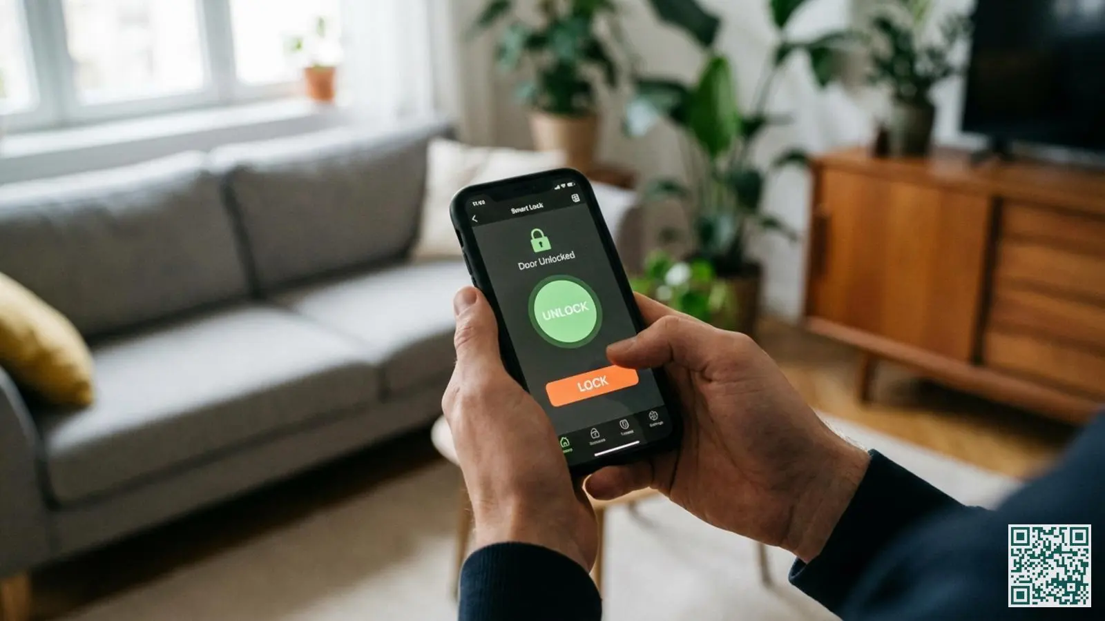 Handen houden een smartphone vast met daarop een smart lock app die de vergrendelingsstatus en bedieningsknoppen toont
