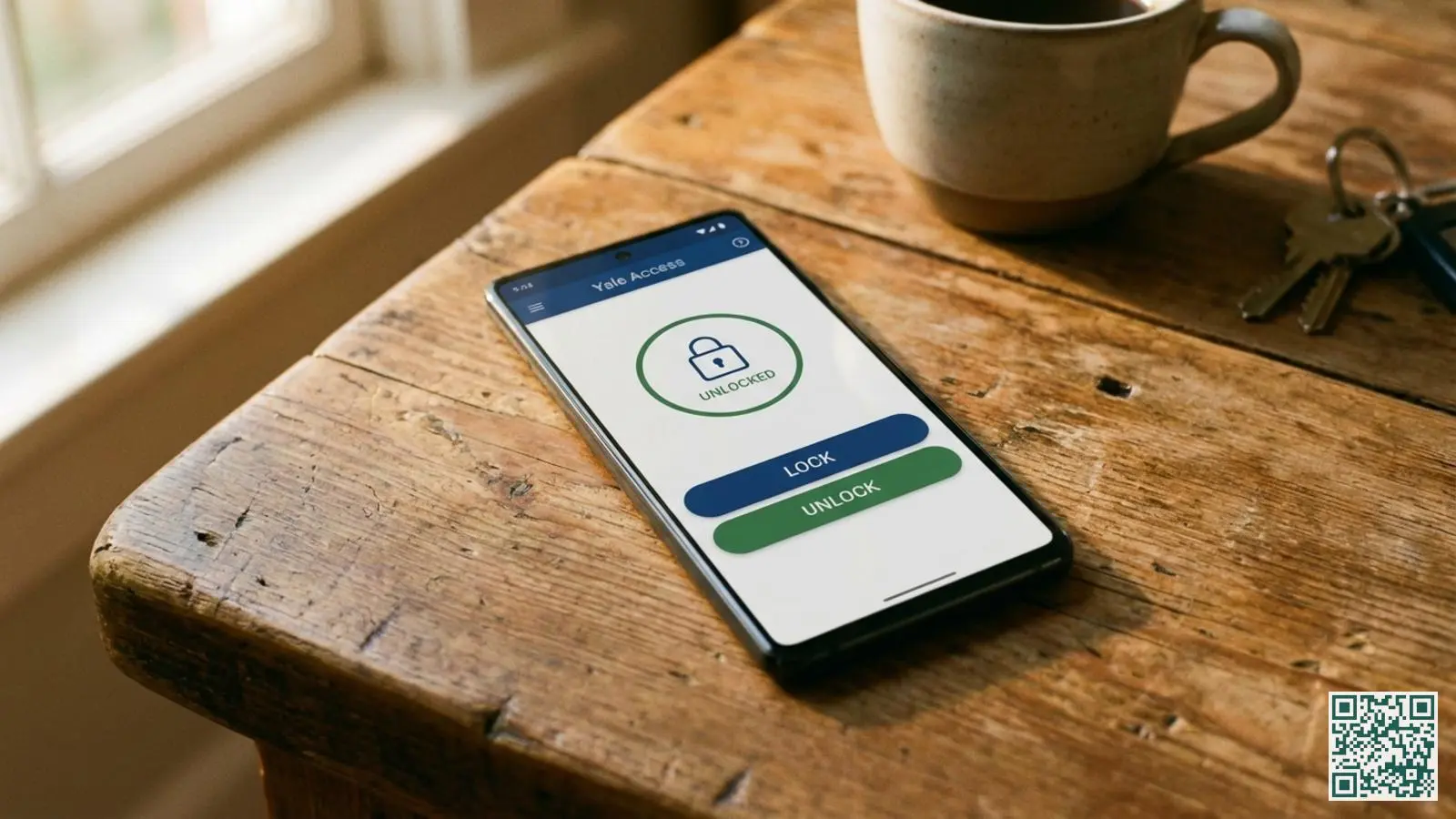 Smartphone met Yale Access app geopend op een houten keukentafel met koffiekopje op de achtergrond