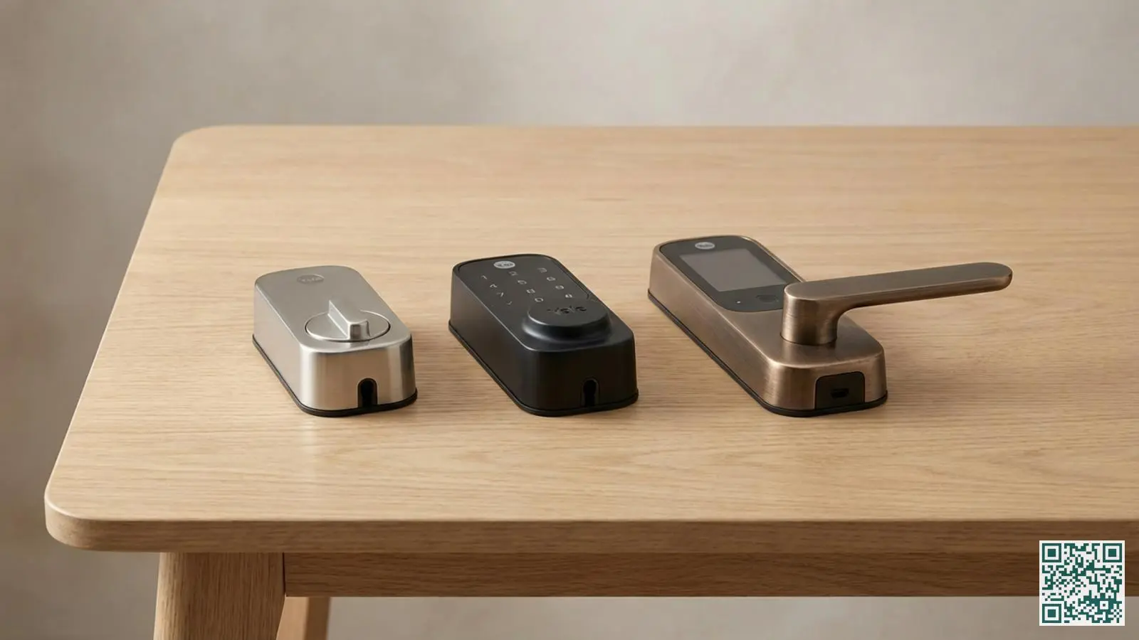 Drie Yale Linus smart lock modellen naast elkaar op een licht houten oppervlak voor vergelijking