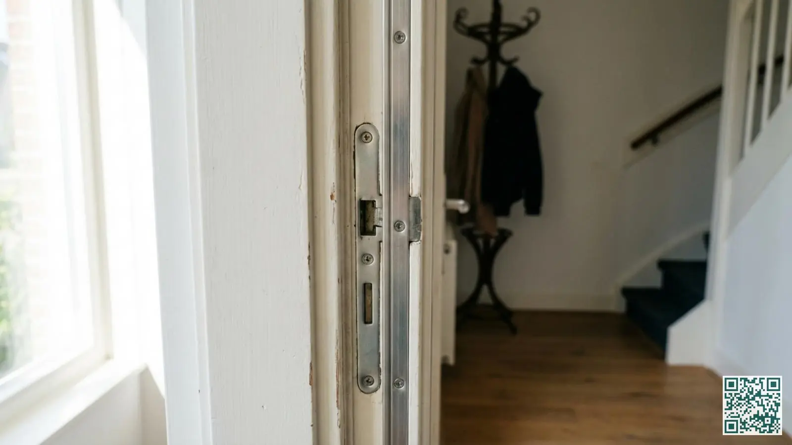 Metalen anti-inbraakstrip gemonteerd op de rand van een wit houten deurkozijn bij het slotgebied