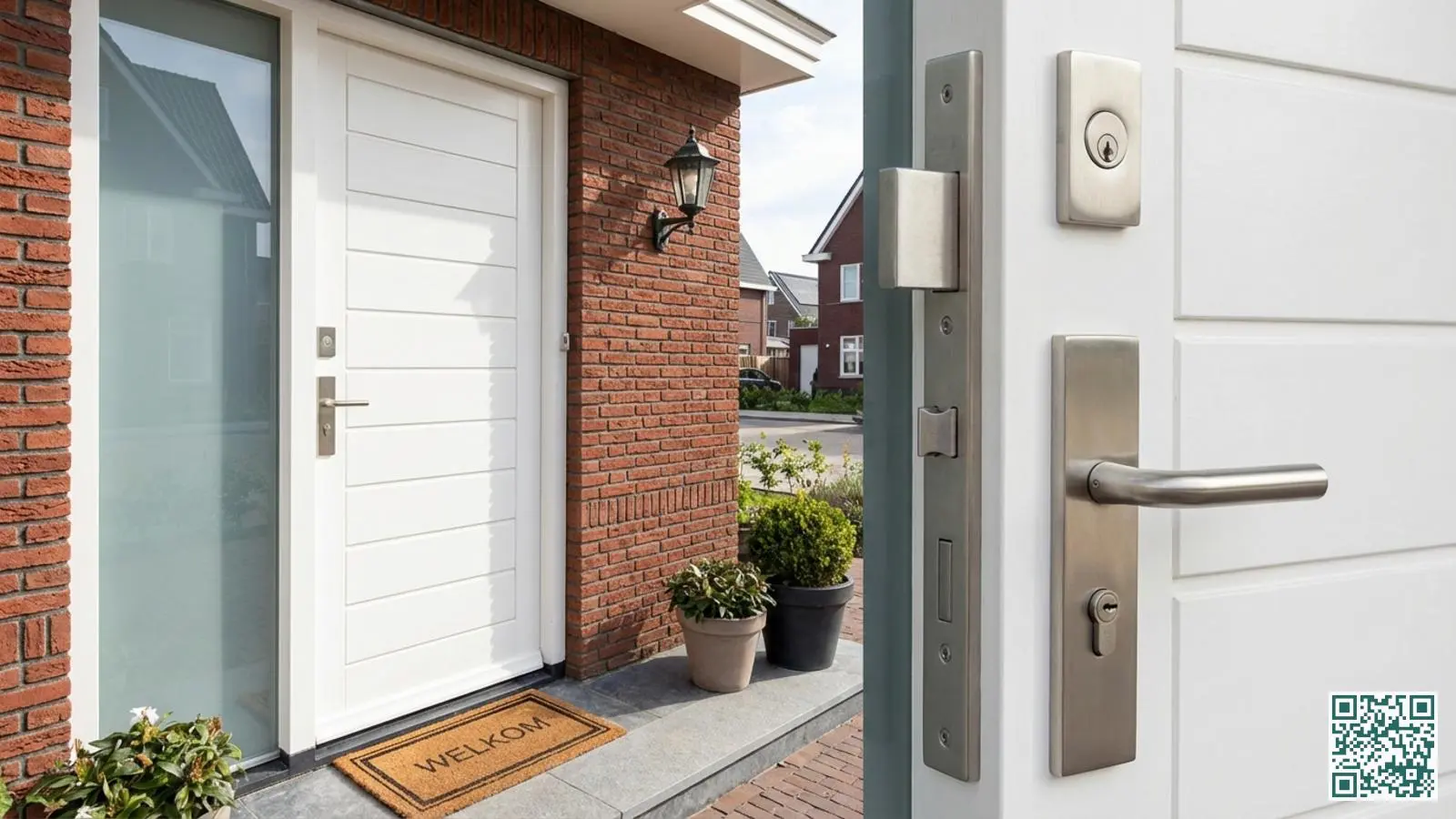 Moderne witte voordeur met zichtbaar veiligheidsslot en stalen beslag in een Nederlandse woning