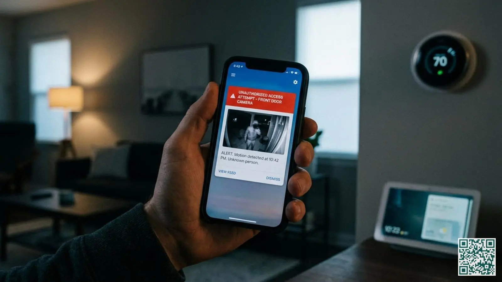 Smartphone toont smart home beveiligingsapp met rode waarschuwingsmelding over ongeautoriseerde toegangspoging in woonkamer
