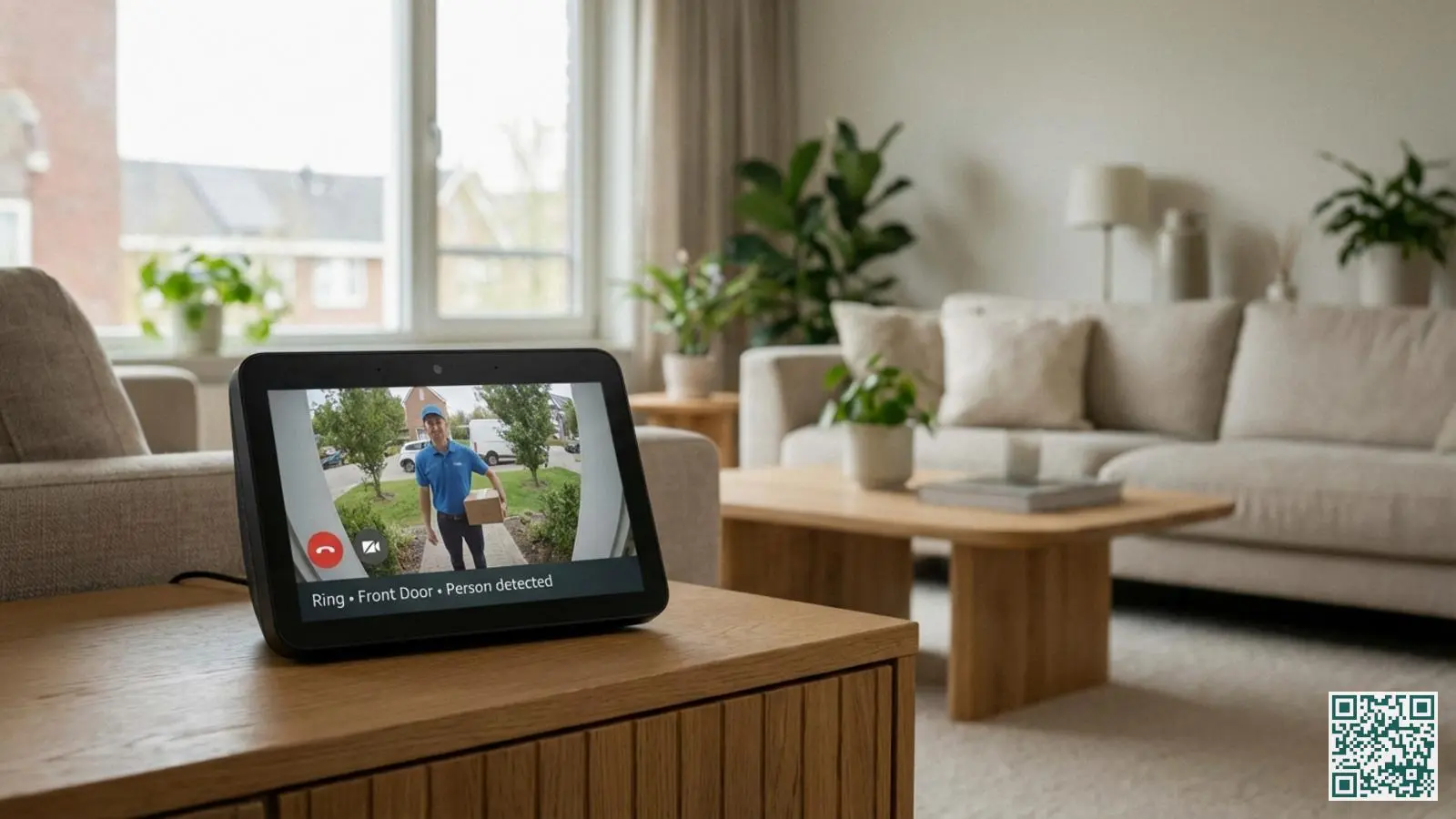 Amazon Echo Show op een houten bijzettafel toont een Ring deurbel notificatie met bezoeker in beeld