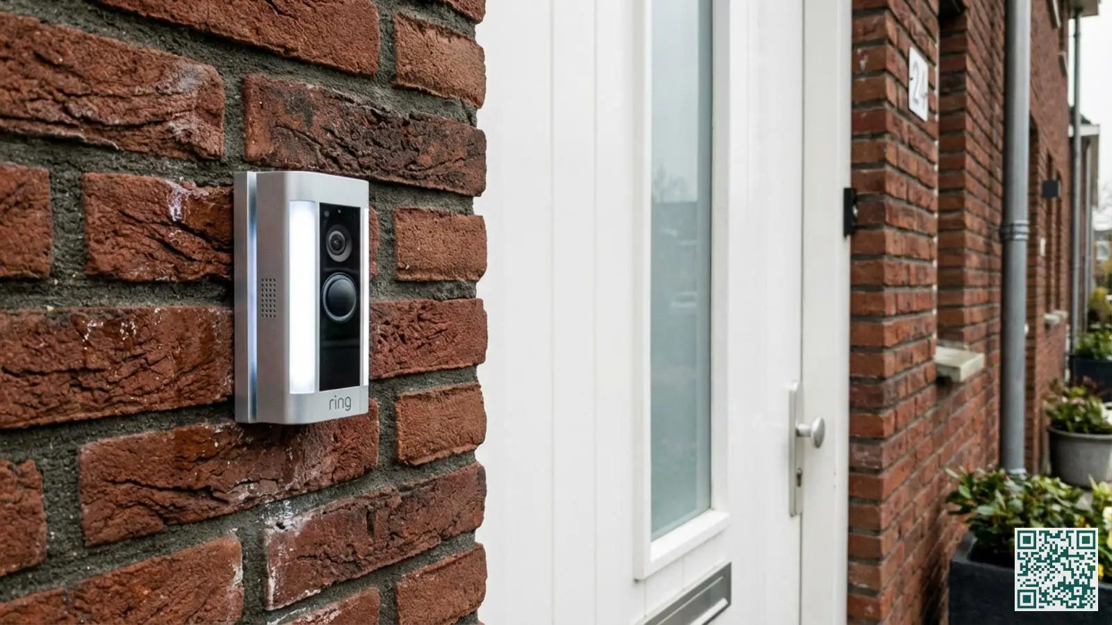 Ring Video Doorbell gemonteerd naast een witte voordeur van een Nederlandse woning met verlichte LED-ring