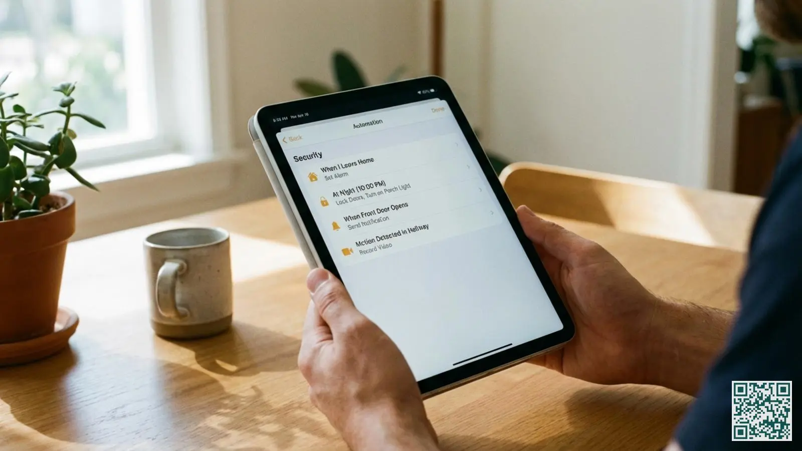 Handen houden iPad vast met Apple Woning-app automatiseringsscherm voor het instellen van beveiligingsscenes