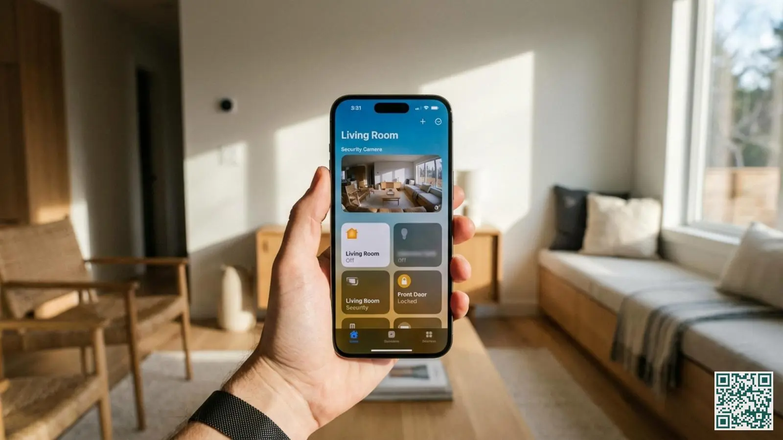 Persoon houdt iPhone vast met Apple Woning-app die beveiligingscamera's en slotstatus toont in moderne woonkamer