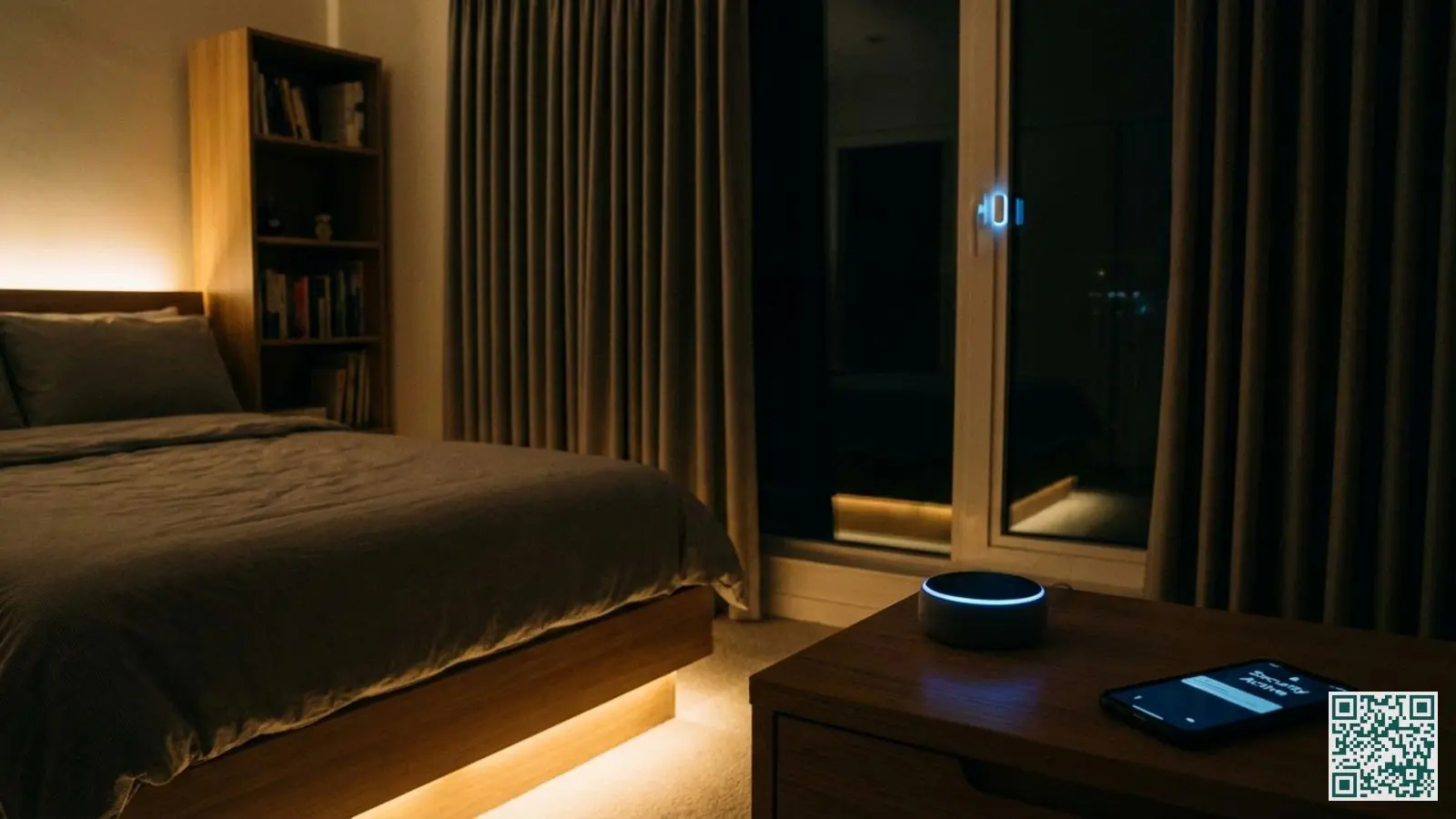 Moderne slaapkamer in nachtmodus met slimme speaker op nachtkastje en gedimde verlichting voor actieve beveiliging