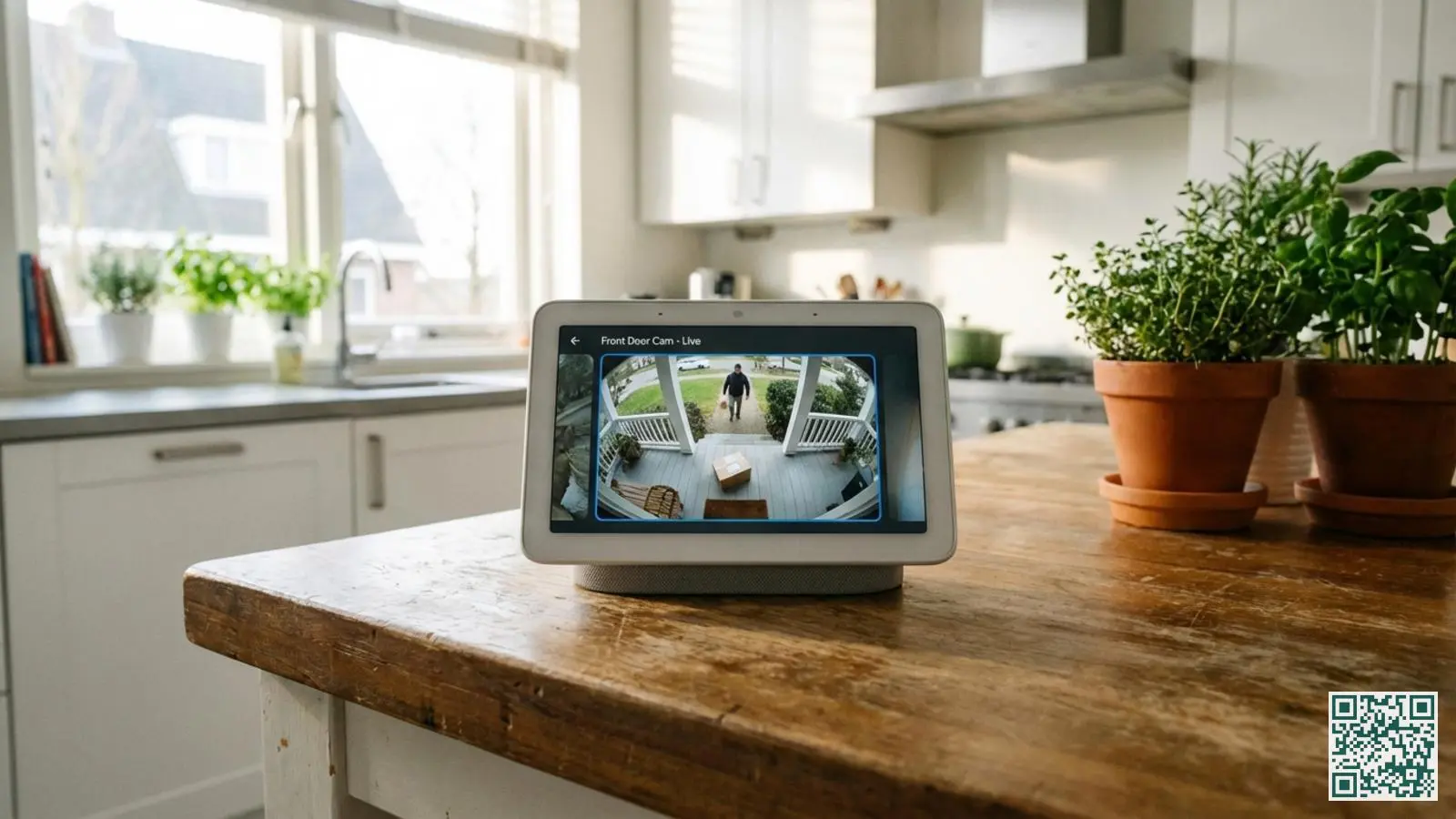 Google Nest Hub op aanrecht toont live beeld van beveiligingscamera bij voordeur in moderne keuken