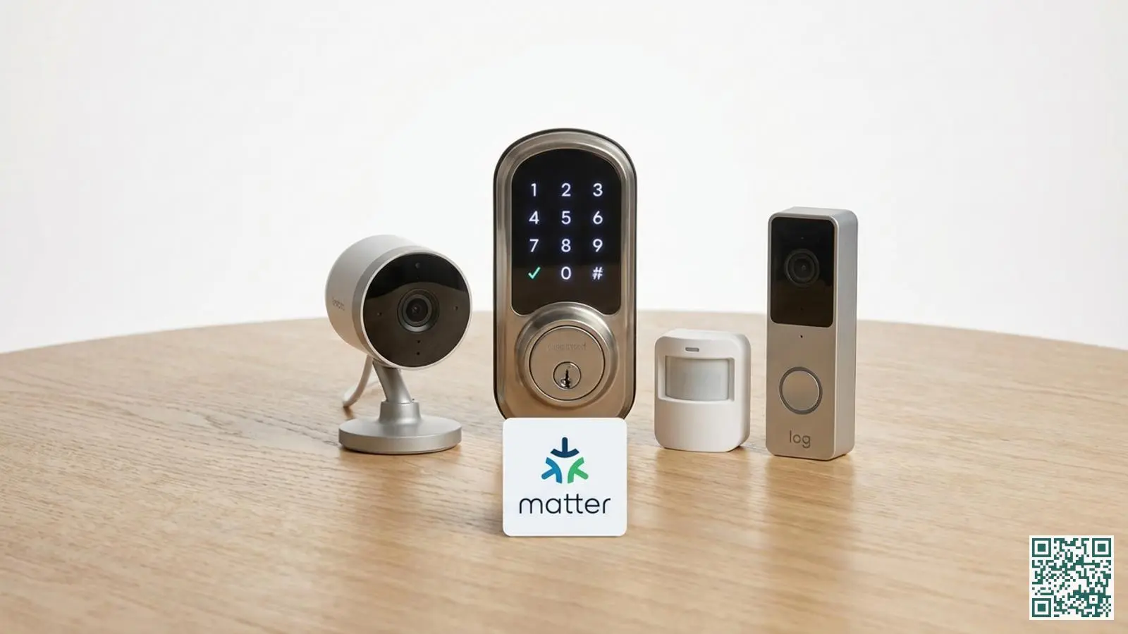 Diverse smart home beveiligingsapparaten op tafel met slim slot, camera, sensor en deurbel met Matter logo