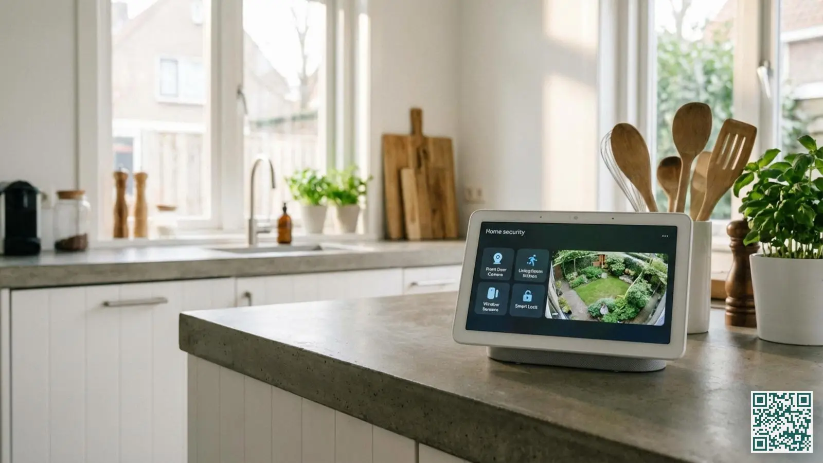 Smart display op een keukenaanrecht toont een overzichtelijk beveiligingsdashboard met verbonden camera's en sensoren