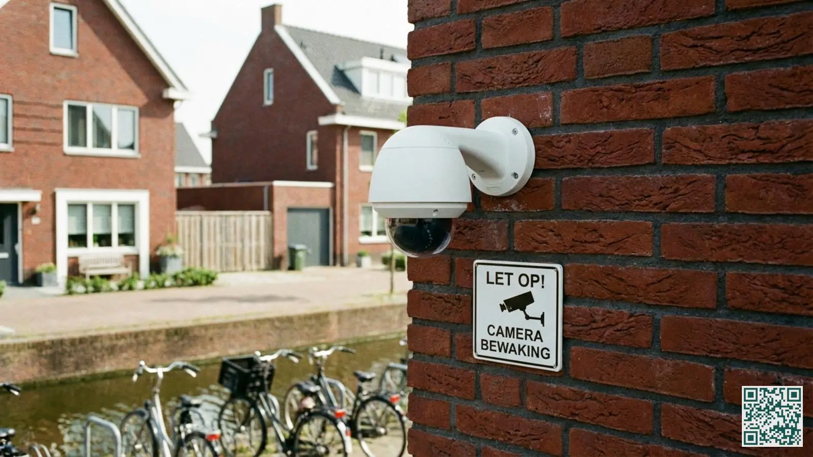 Moderne witte beveiligingscamera gemonteerd op de buitenmuur van een Nederlandse woning met camerabewaking waarschuwingsbord eronder
