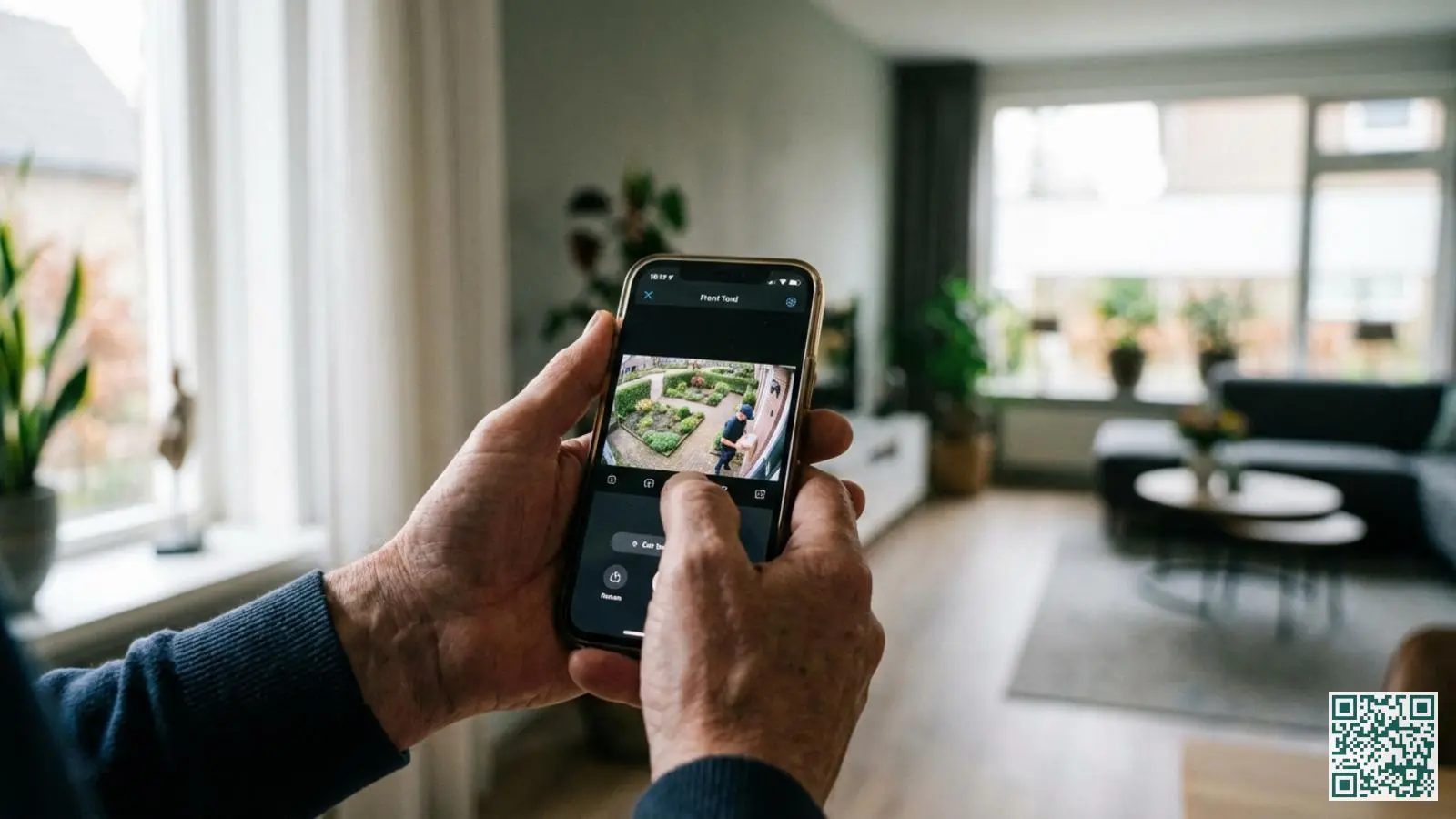 Handen houden een smartphone vast waarop beveiligingscamerabeelden van een voortuin worden bekeken via een app