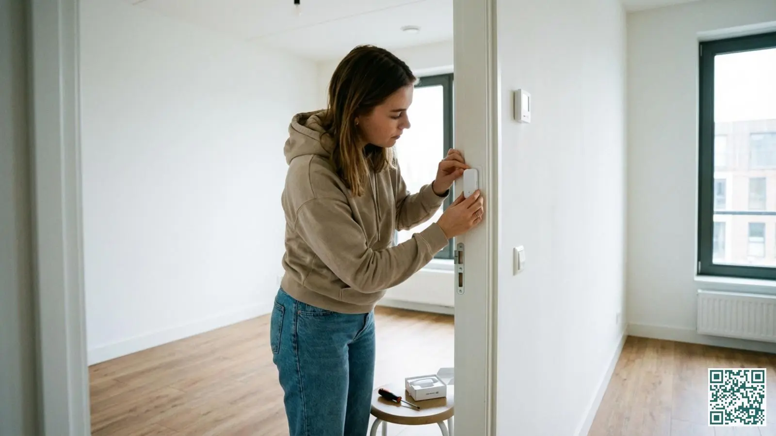 Jonge huurder bevestigt een draadloze deursensor met plakstrip op een wit deurkozijn in een huurappartement
