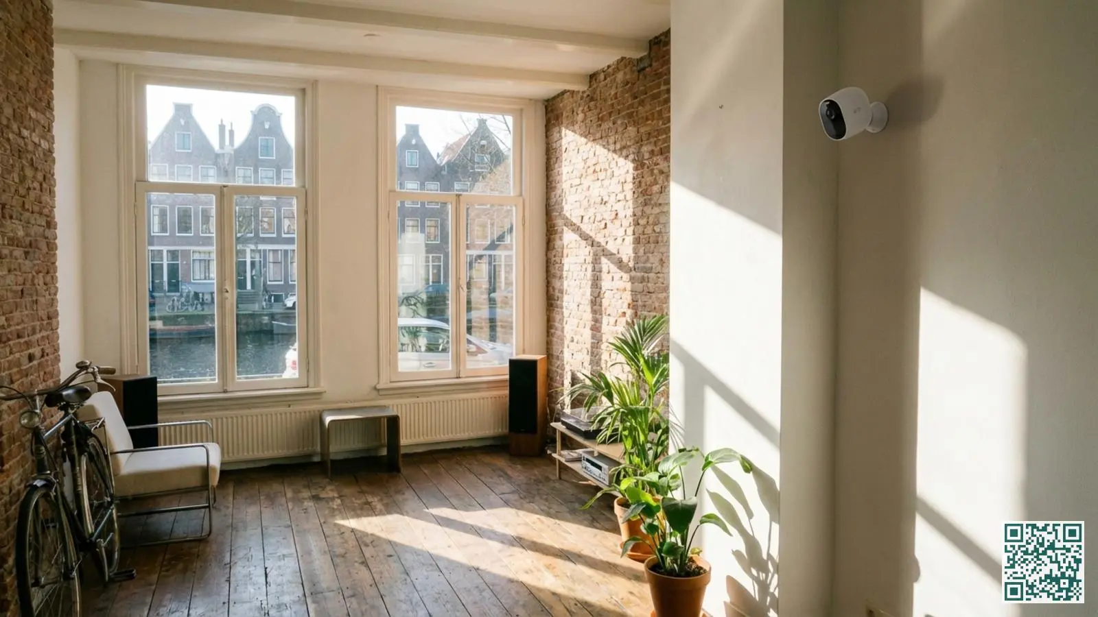 Compacte draadloze beveiligingscamera gemonteerd op een witte muur in een modern Nederlands huurappartement