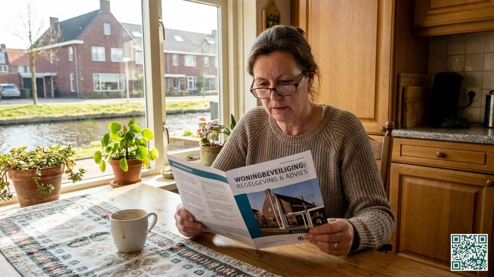 Persoon aan keukentafel die geconcentreerd een brochure over woningbeveiligingsregels leest in een lichte woonkamer