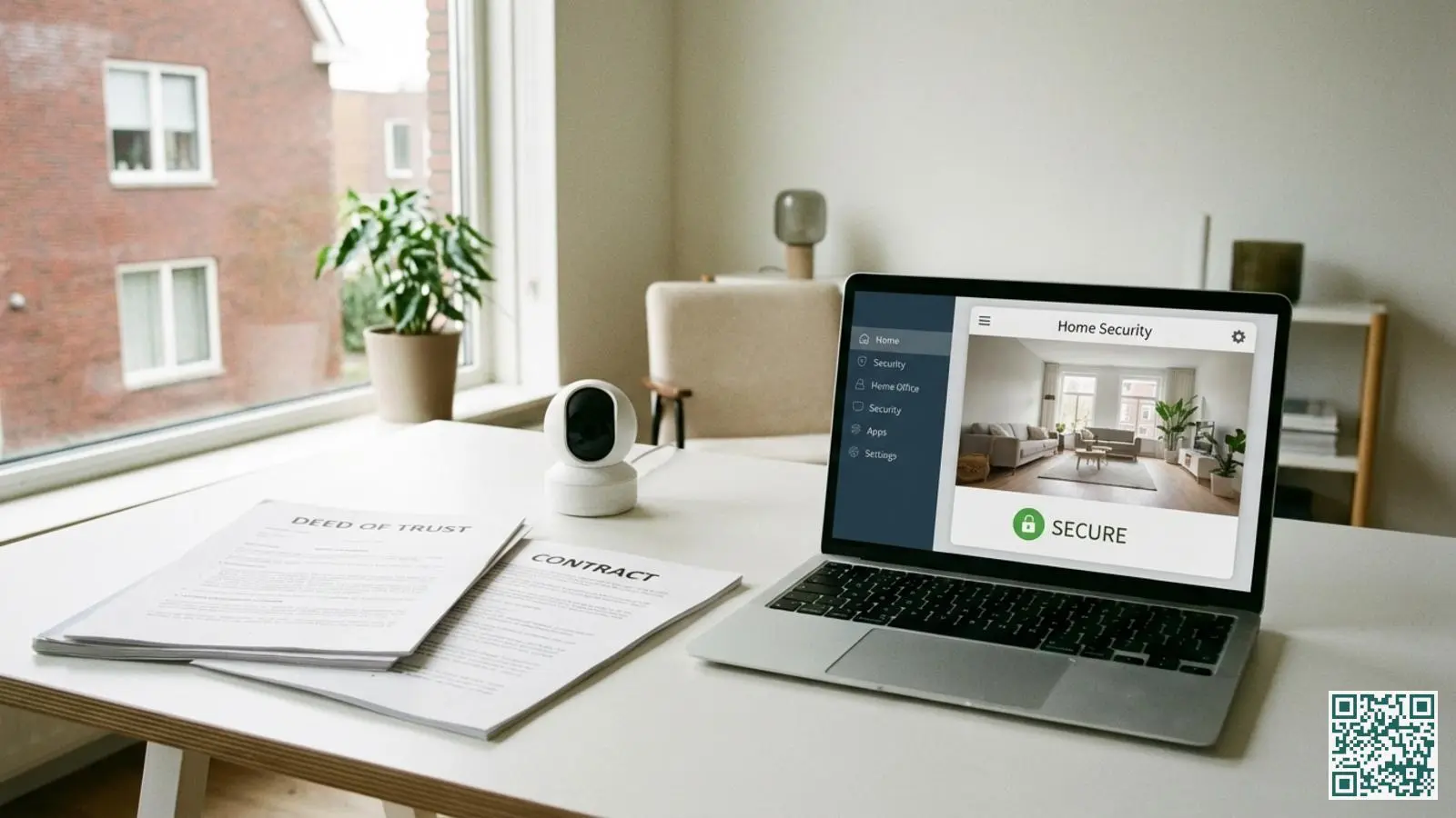 Bureau met juridische documenten over inbraakbeveiliging naast een kleine beveiligingscamera en laptop met beveiligingsapp
