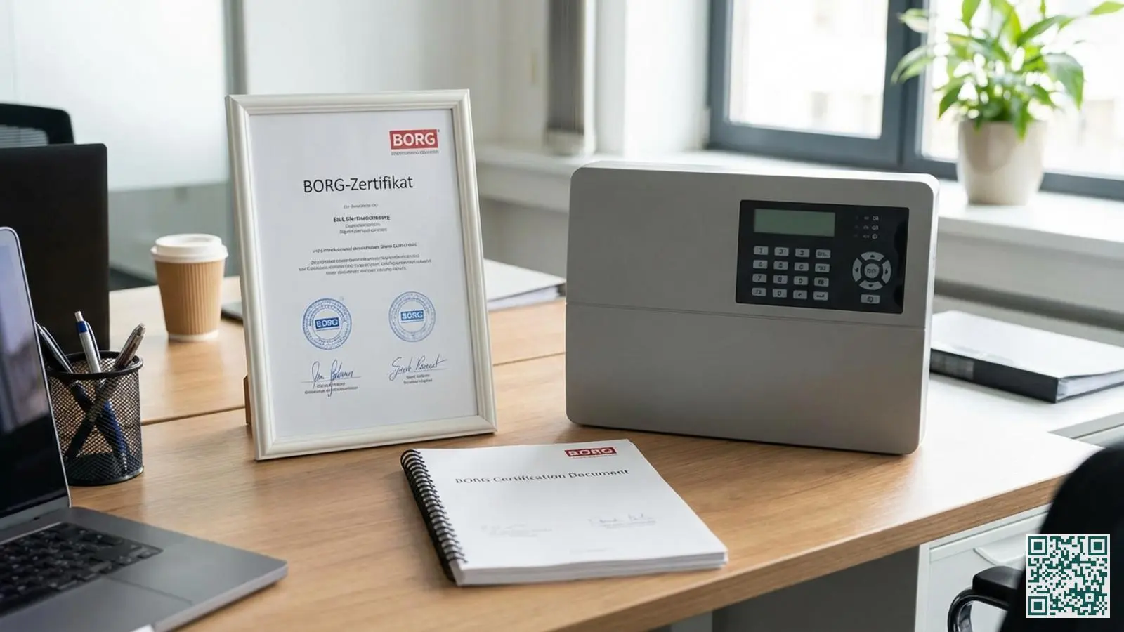 BORG-certificaat voor zakelijke alarminstallatie naast professionele centrale unit op kantoorbureau