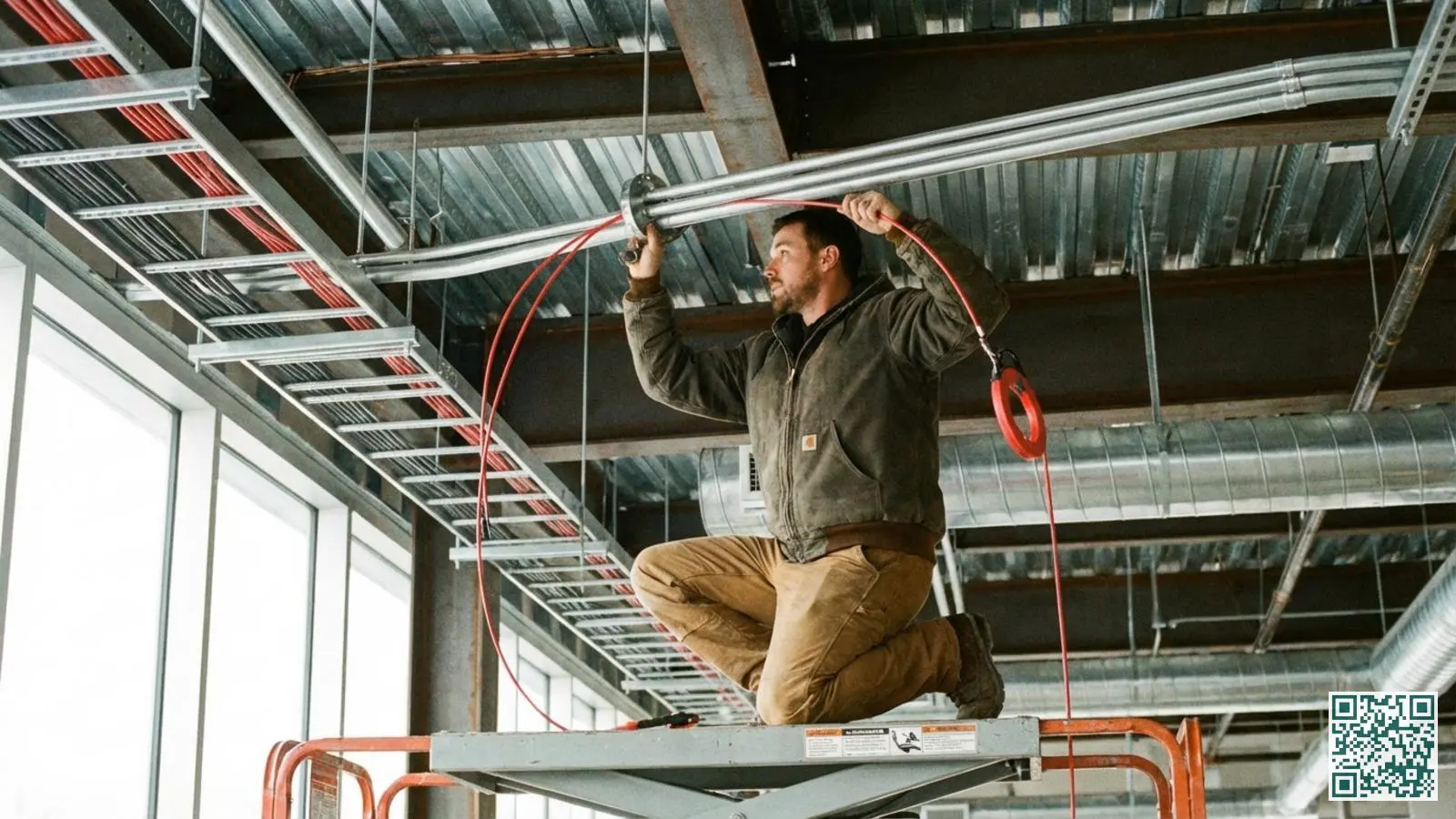 Professionele installateur trekt beveiligingskabels voor alarmsysteem door plafond van bedrijfspand