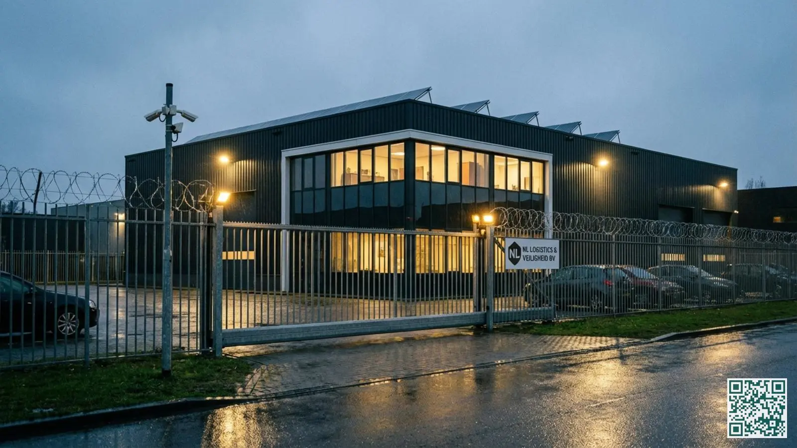 Nederlands bedrijfspand bij schemering met zichtbaar beveiligingshekwerk en terreinverlichting bij de ingang