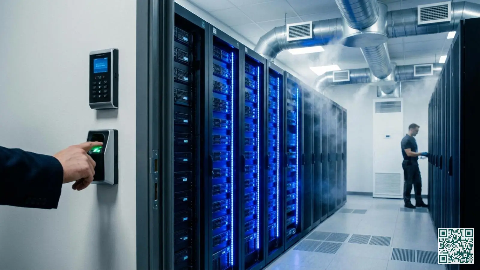Beveiligde serverruimte met serverracks en biometrische toegangscontrole bij de ingang met blauwe verlichting