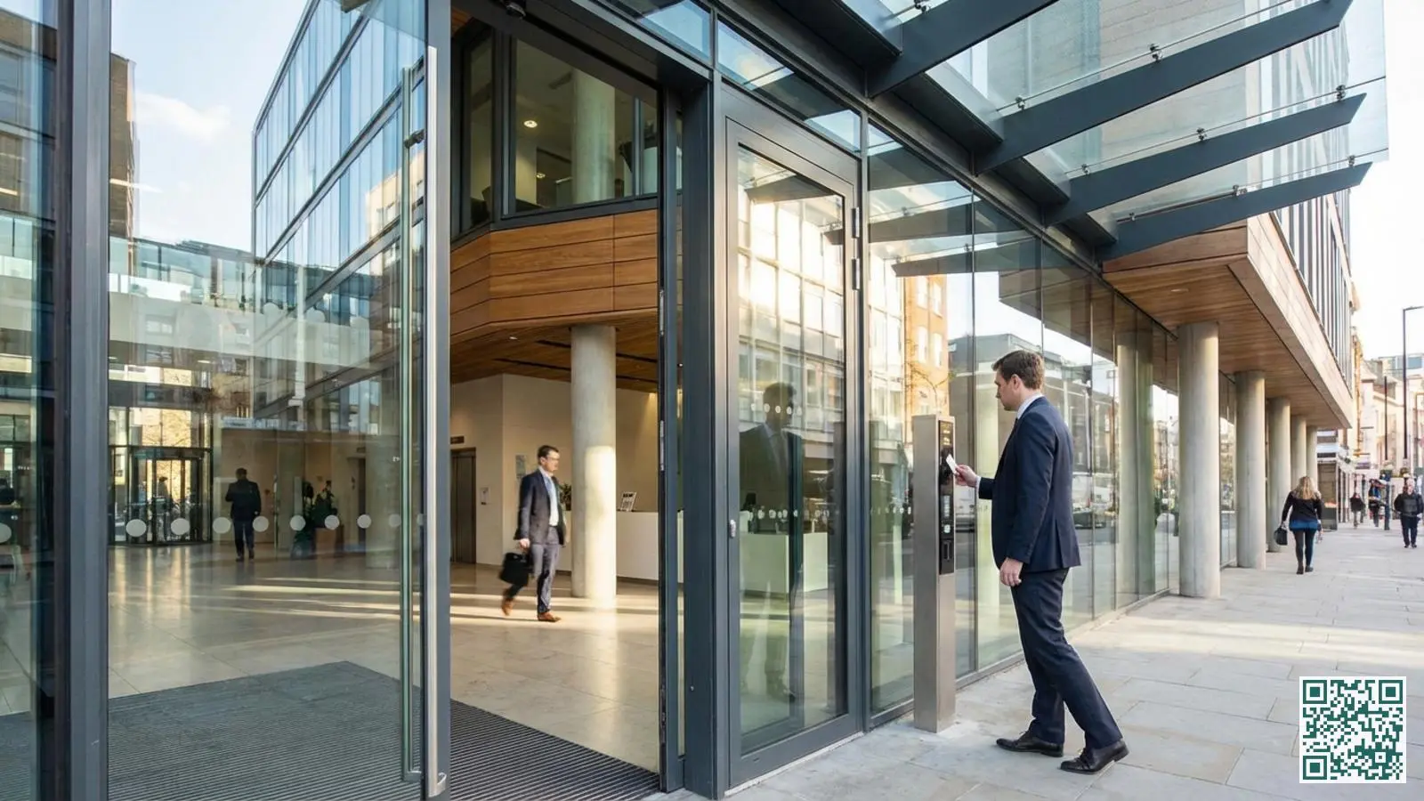 Modern kantoorgebouw met elektronisch toegangscontrolesysteem waarbij een medewerker met pasje naar binnen gaat