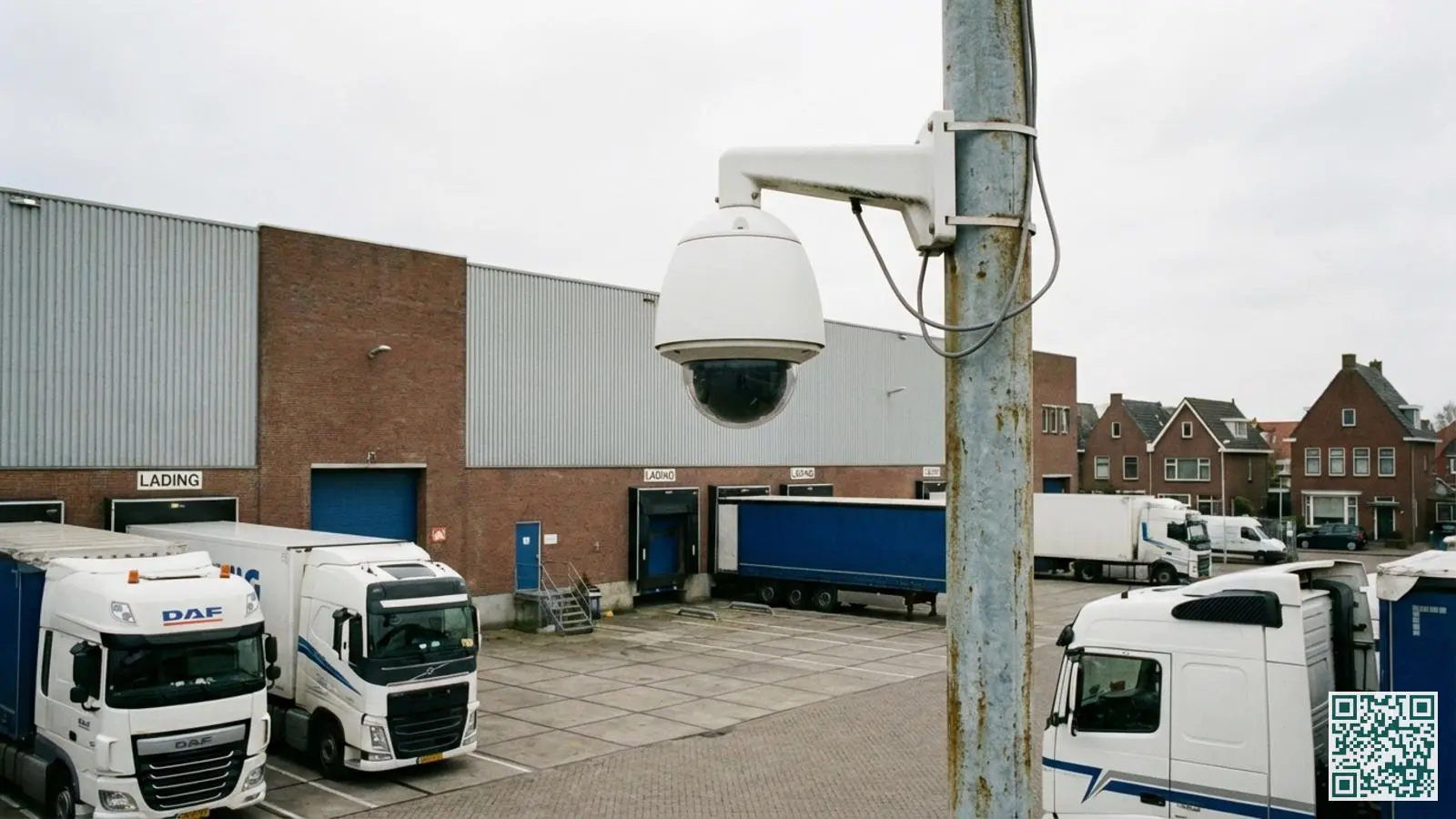 Professionele PTZ beveiligingscamera op paal bewaakt parkeerterrein en laadzone van magazijn