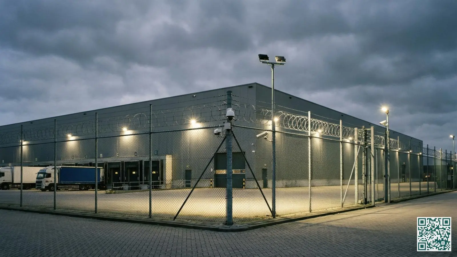 Groot industrieel magazijn bij schemering met verlicht hekwerk en beveiligde laaddocken op bedrijventerrein