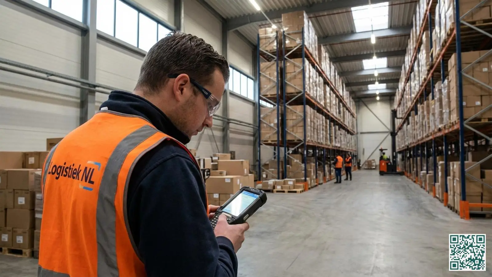 Magazijnmedewerker in veiligheidsvest controleert voorraad met handscanner bij stellingkast met dozen