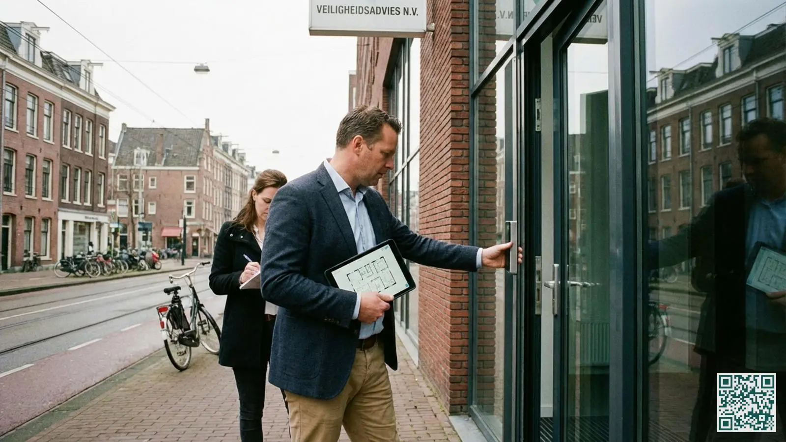 Beveiligingsadviseur met tablet inspecteert de toegangsdeur van een Nederlands bedrijfspand tijdens een risicoanalyse