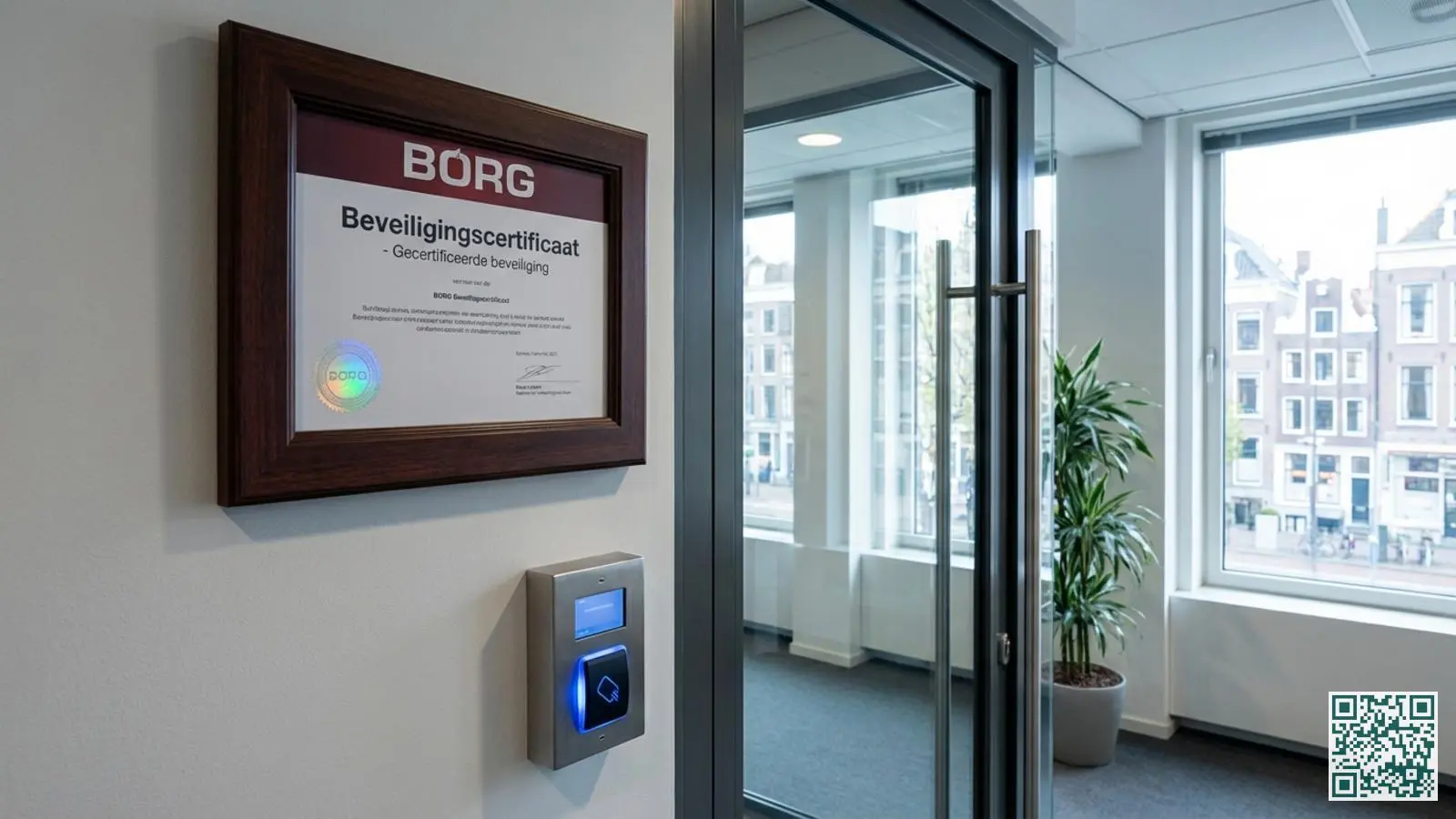 BORG-certificaat in lijst aan de muur naast een moderne kantooringang met toegangscontrolepaneel en paslezer