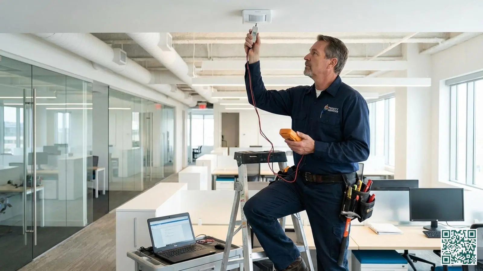 Onderhoudsmonteur op een ladder test een bewegingsmelder in een modern bedrijfspand met testapparatuur