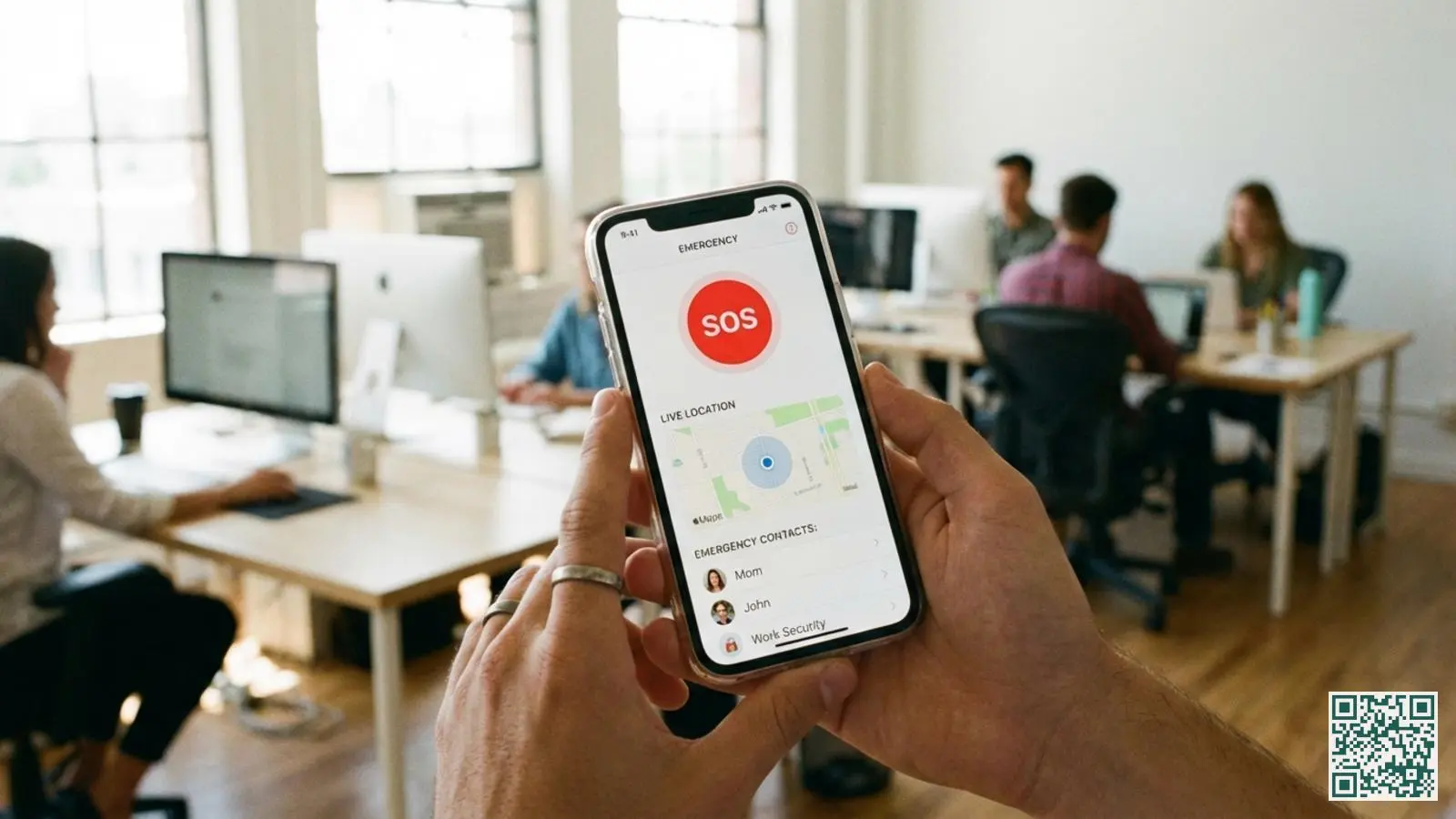 Smartphone met noodalarm app toont grote rode SOS knop en locatietracking in kantooromgeving