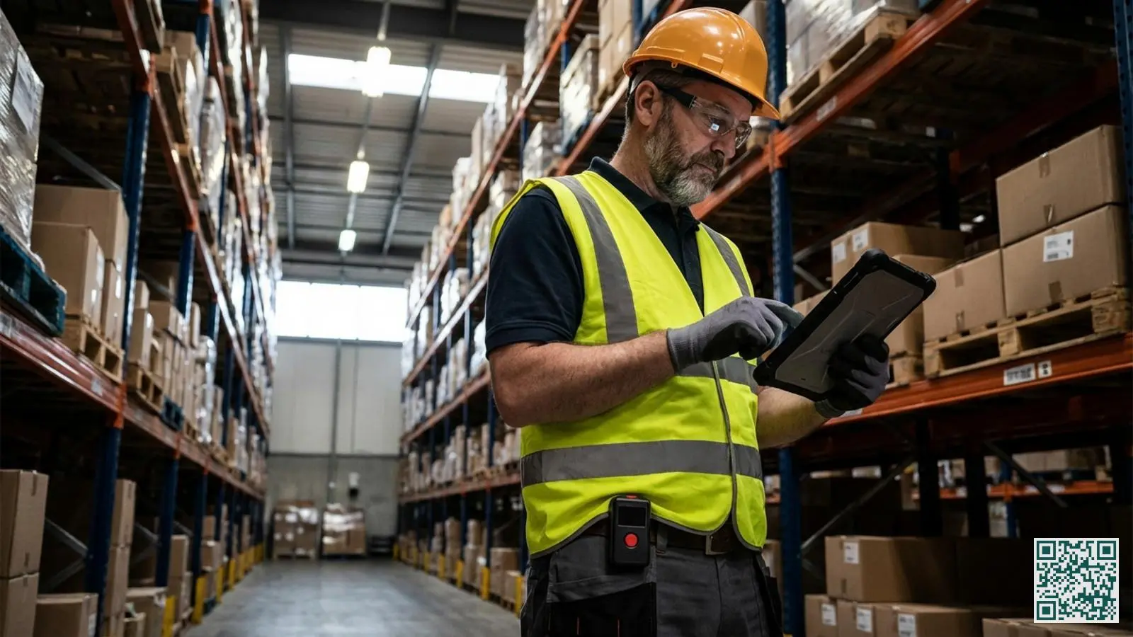 Magazijnmedewerker met persoonsalarm aan riem werkt alleen tussen hoge stellingen in industrieel magazijn