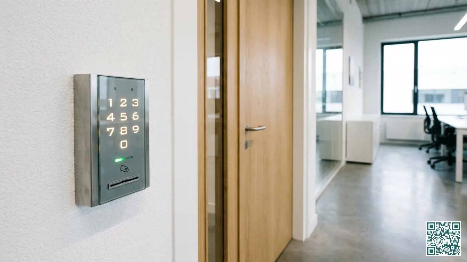 Verlicht numeriek codepaneel voor toegangscontrole gemonteerd op een witte muur naast een gesloten kantoordeur