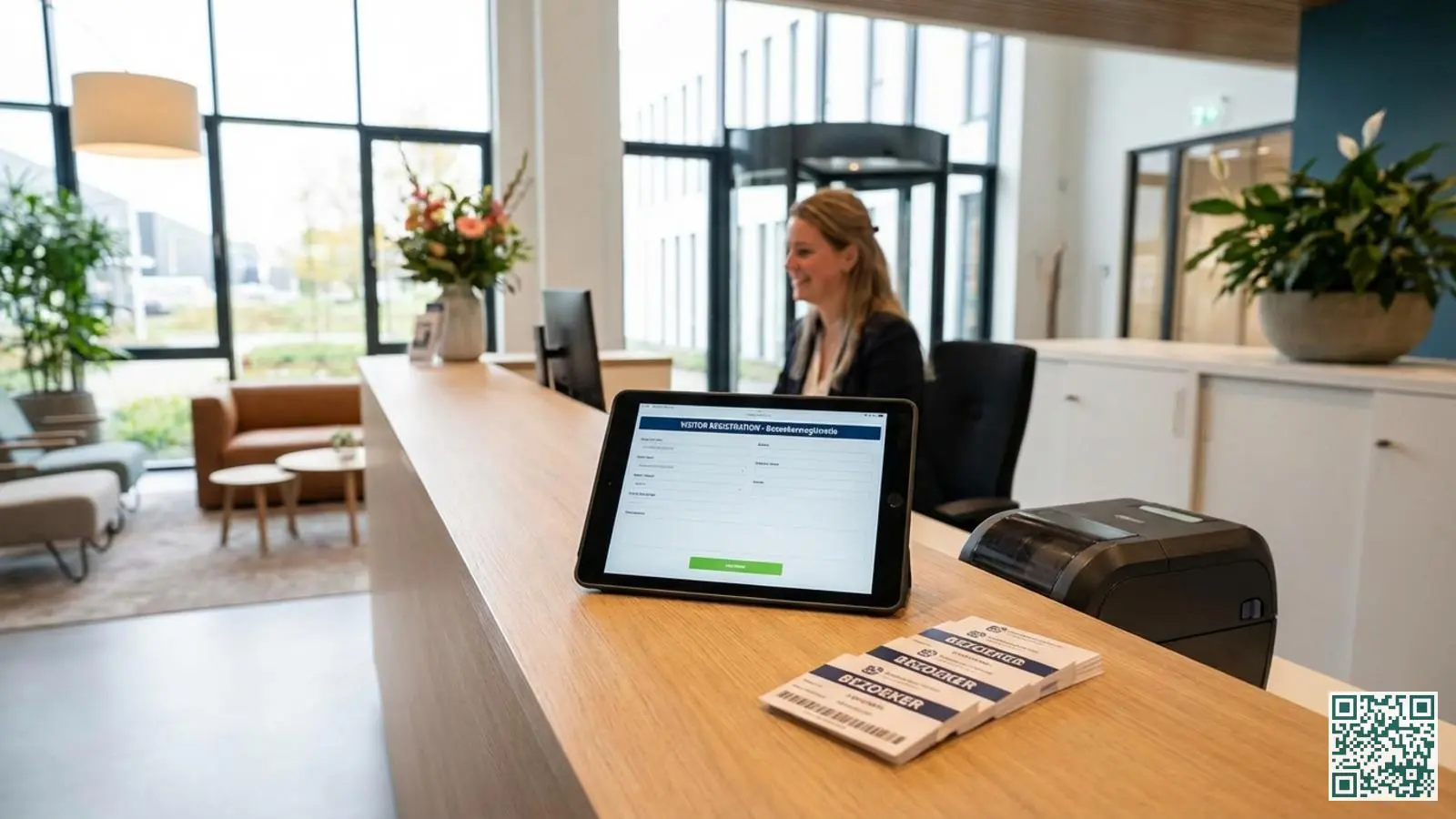Moderne receptiebalie met digitaal bezoekersregistratiesysteem op tablet en tijdelijke bezoekersbadges op de toonbank