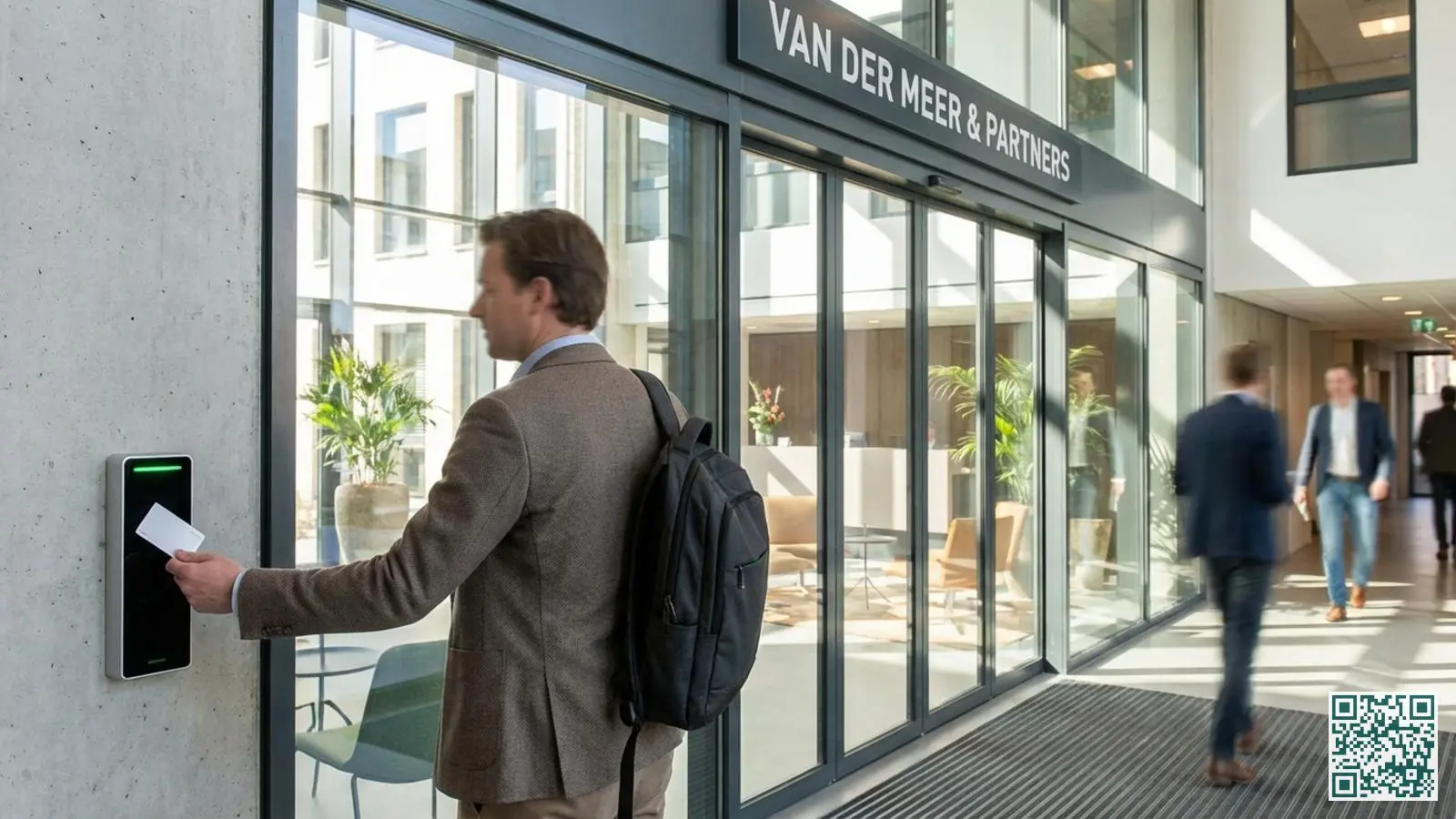 Medewerker houdt toegangspas bij een moderne kaartlezer naast glazen kantoordeuren in een professionele ontvangsthal